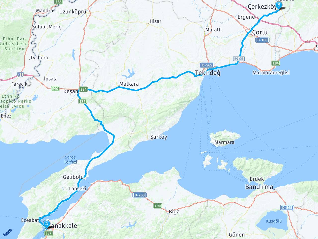 Cerkezkoy Canakkale Arasi Kac Km 1