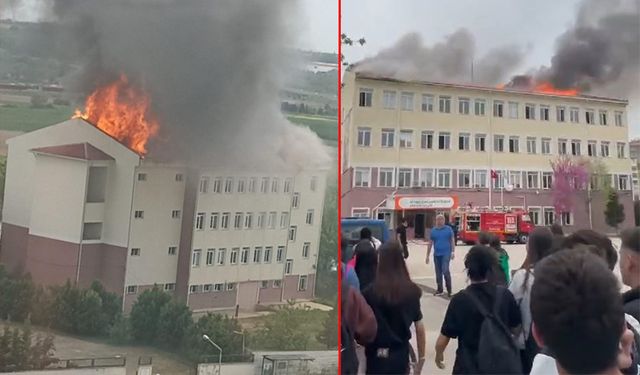 Okulun çatısı alev alev yandı