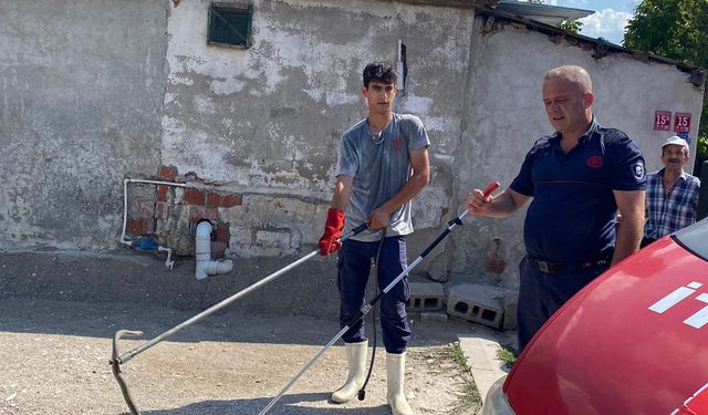 Eve giren yılan itfaiye erleri tarafından çıkarıldı